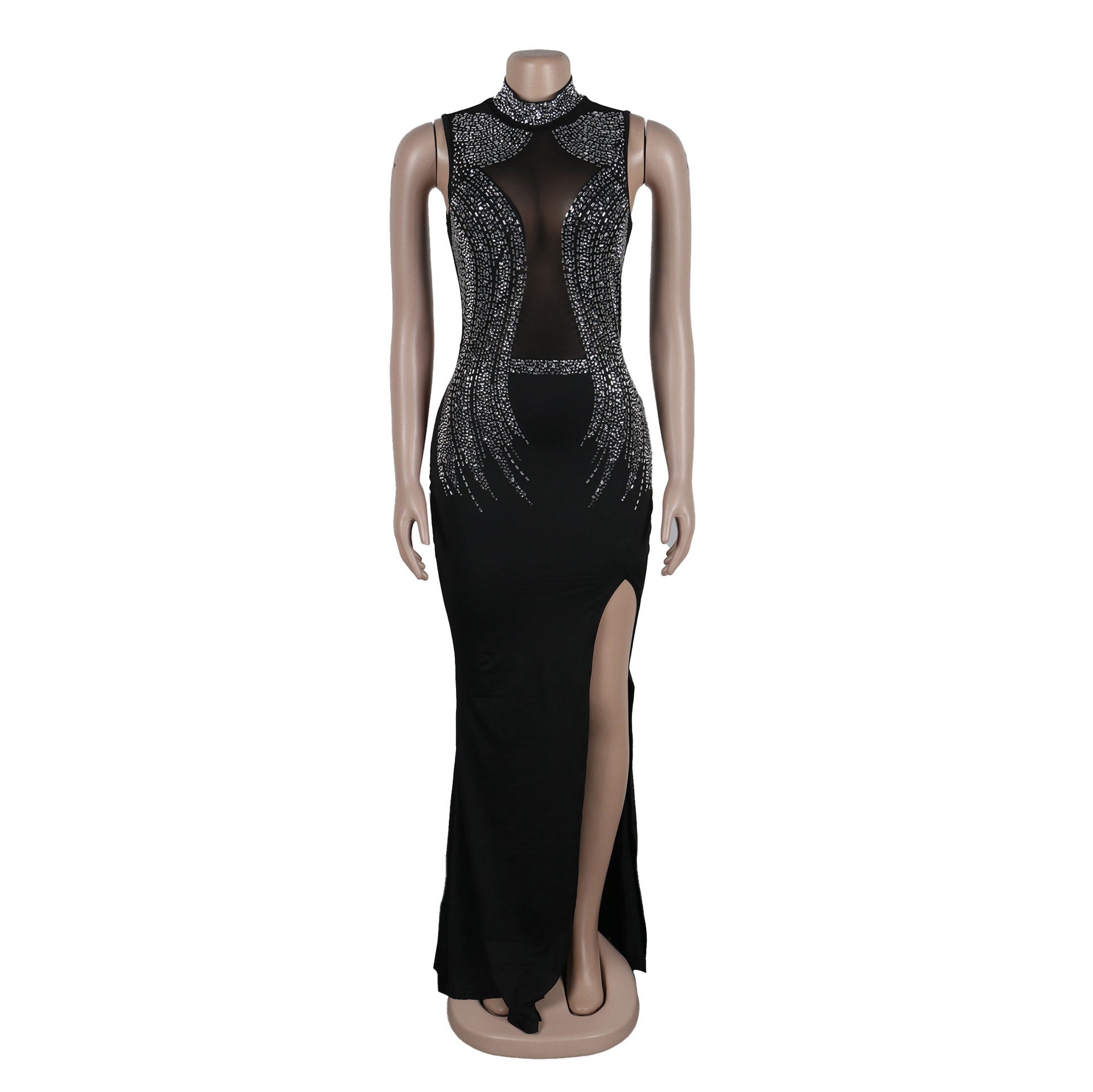 Women Beaded Mesh See-Through Patchwork Sleeveless Slit Dress 16