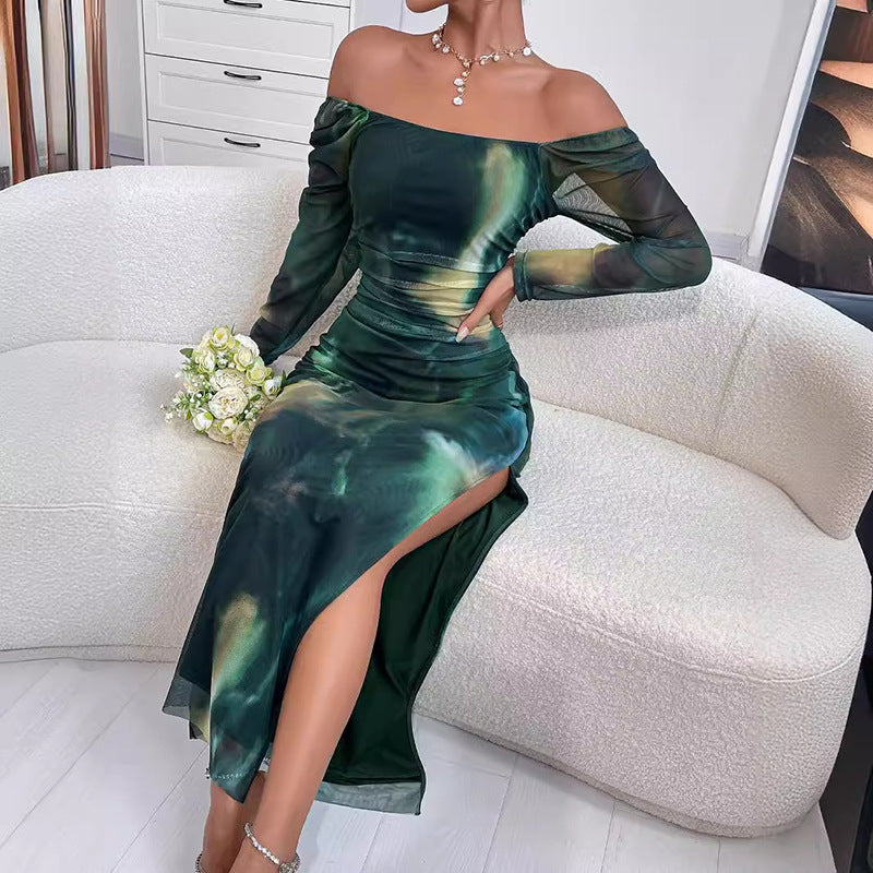 Fashion Printed Slim Women's Sexy Slit Off Shoulder Party Dress 3
