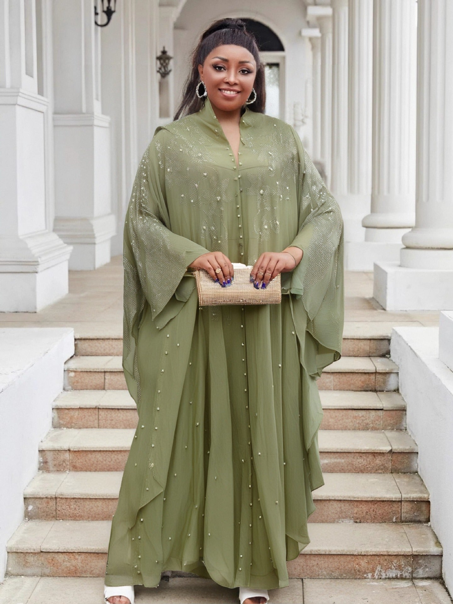 Women Bat Sleeves See-Through Mesh Beaded Beaded Cape Hooded Cape Dress 5