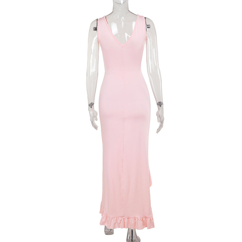 Women Spring Summer Sexy V-Neck Lotus Leaf Split Suspender Maxi Dress 22