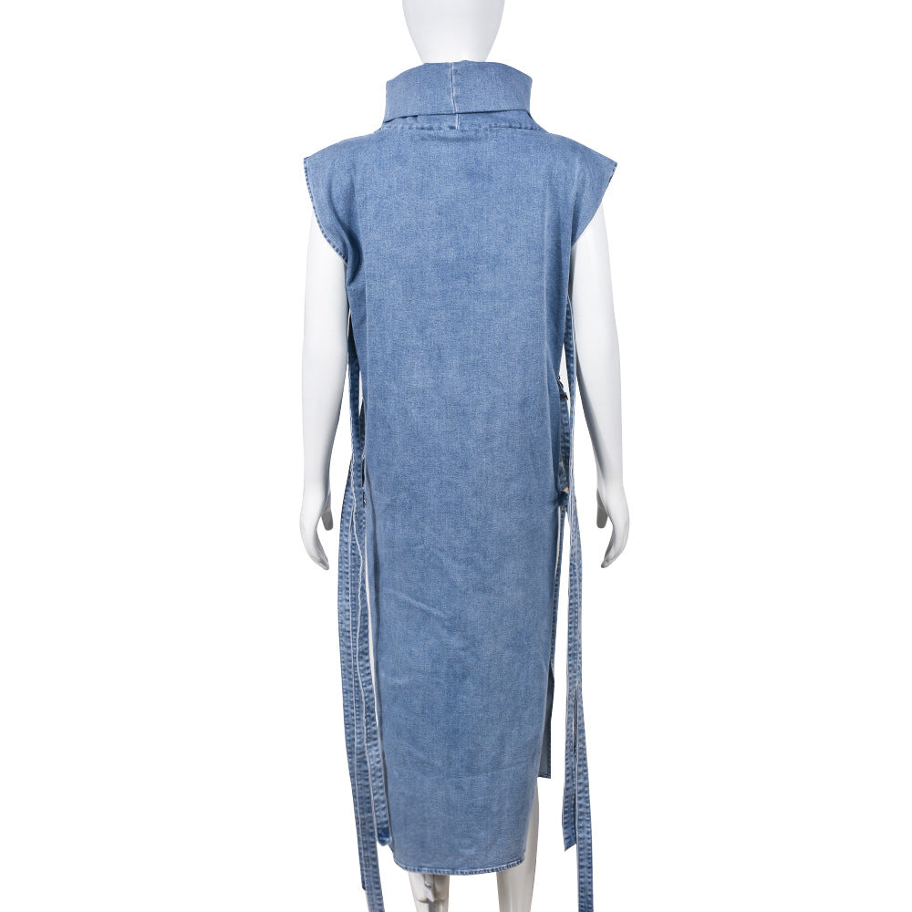 Sexy sleeveless hollow slit high collar denim dress 4