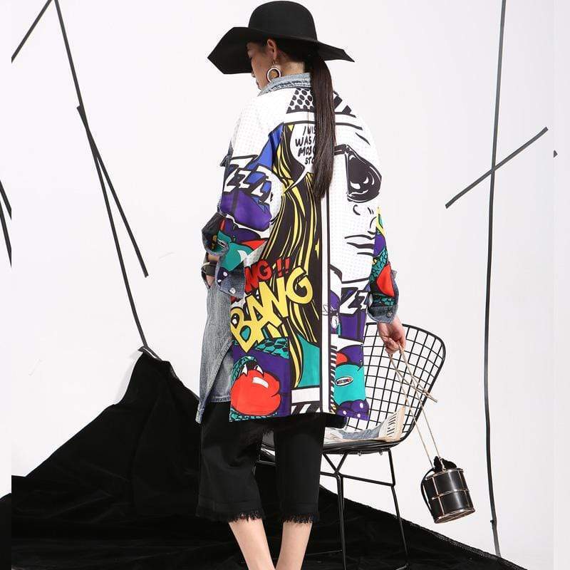 Women Fashion Graphic Loose Washed Denim Jacket 4