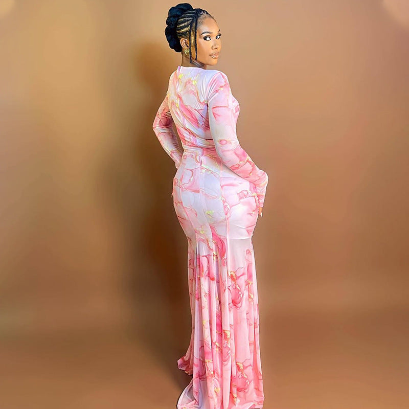 Sweet Printed Long Sleeve Patchwork Long Dress