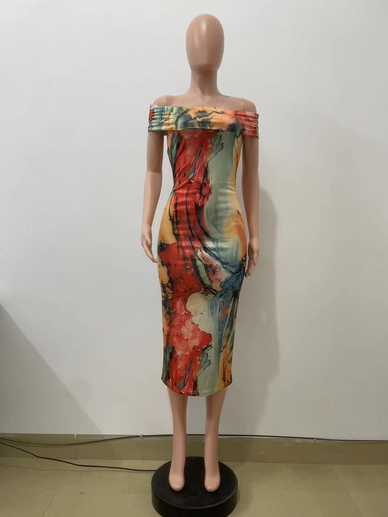 Women's Off Shoulder Fashion Printed Slim Long Dress 6