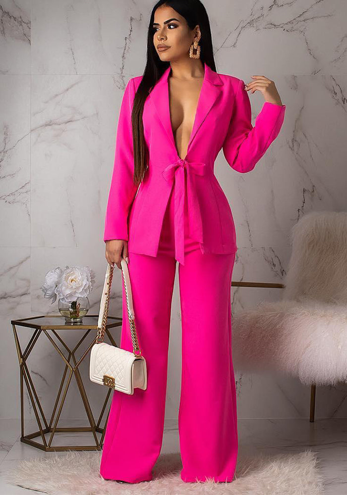 Women Lace-up Blazer and Pants Two-piece Set