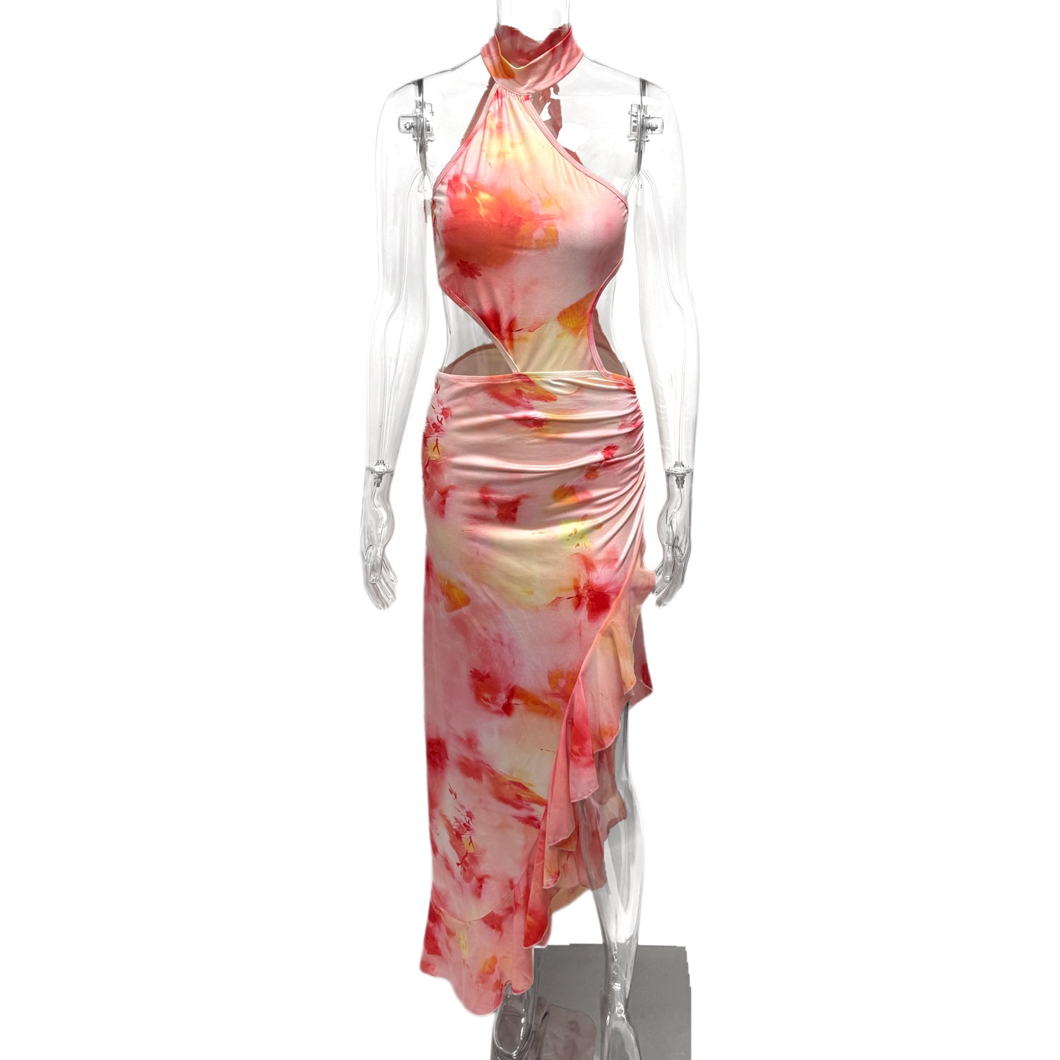 Summer Women's Sexy Print Slit Halter Neck Ribbon Holidays Dress 8