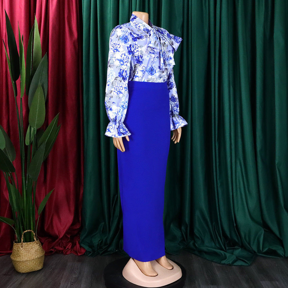 Women Printed Lace-Up Long Sleeve Shirt and Skirt Two-Piece Set 8