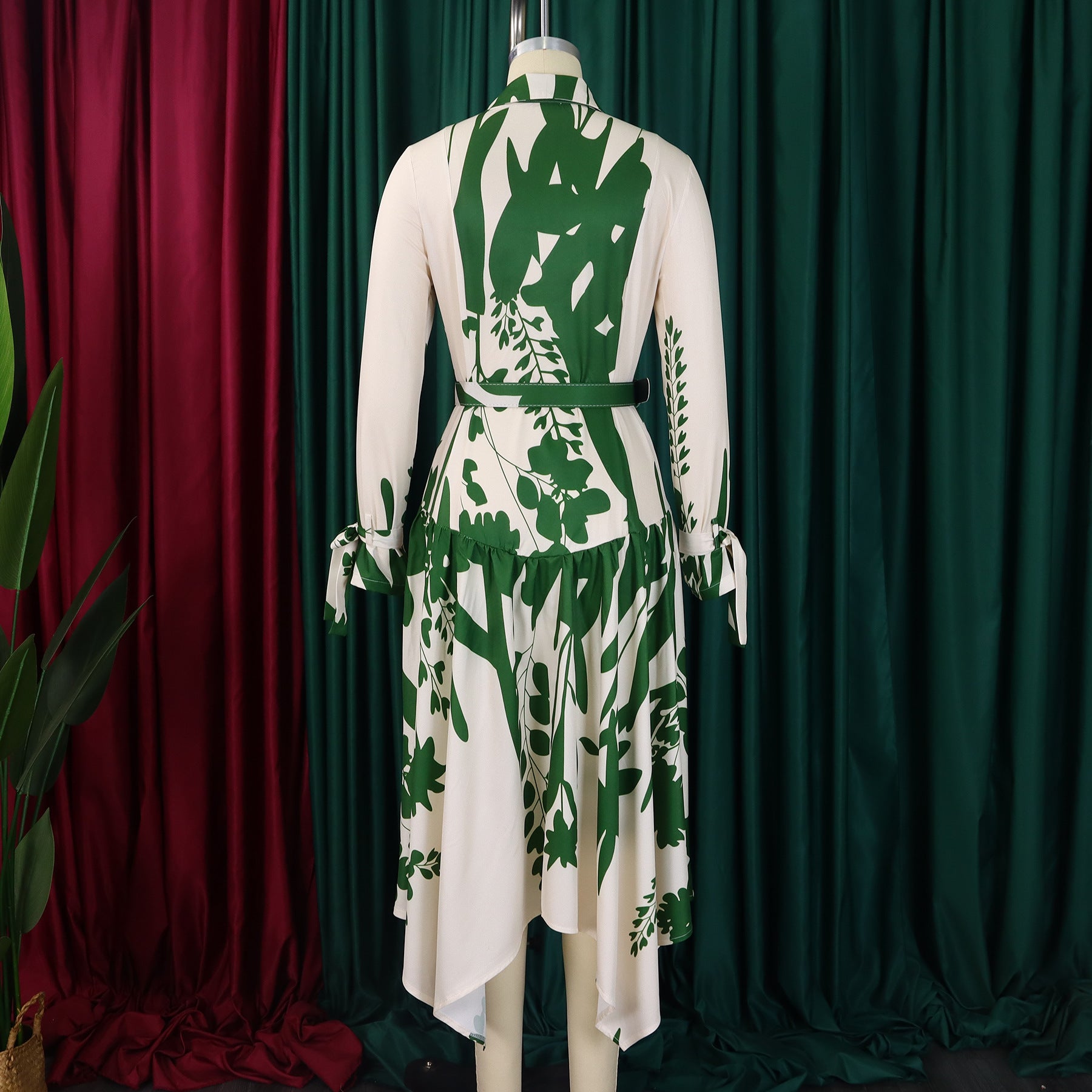 Women's Fashion Chic Print Turndown Collar Long Sleeve Belt Irregular Print Dress 19