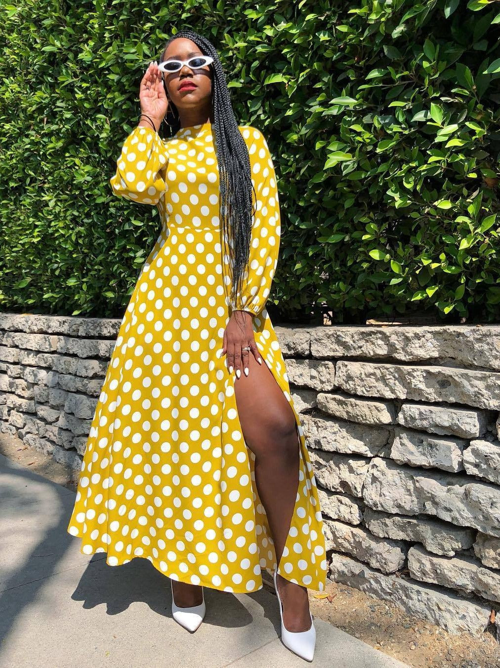 Women's Spring And Winter Round Neck Polka Dot Long Sleeve High Slit Midi Dress