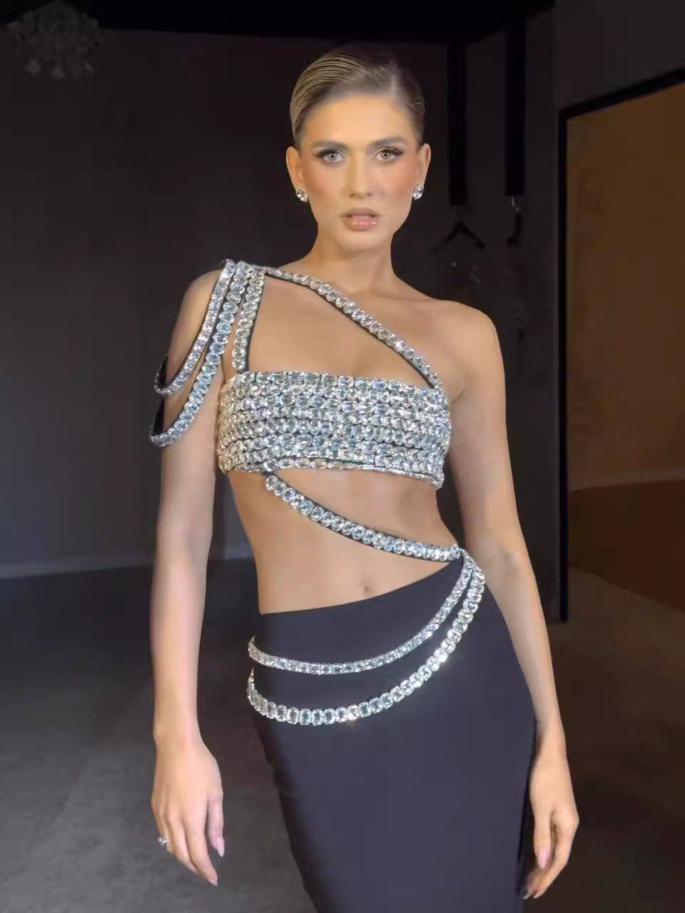 Rhinestone Fashion Formal Party Top Long Bandage Skirt Two-Piece Set 4