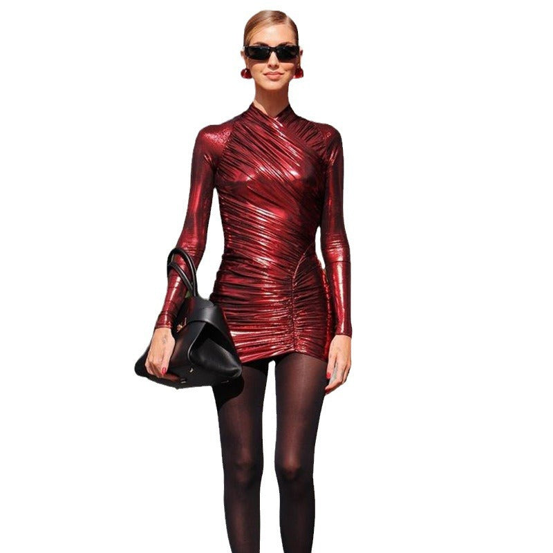 Women v-neck long sleeve sexy pleated Bodycon dress 7