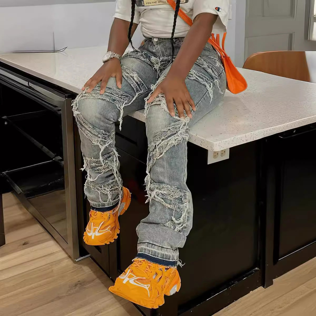 Summer Denim Ripped Straight Tassel Fashion Casual Denim Pants 3