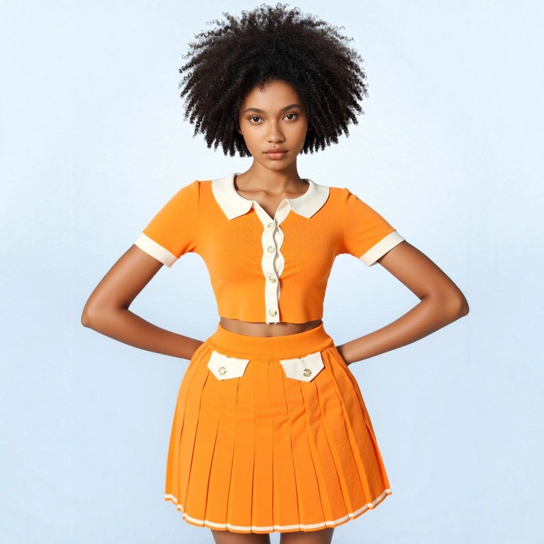 Fashion Turndown Collar Metal Button Cardigan & Pleated Skirt Knit Set 9