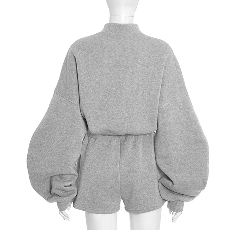 Women Fall/Winter Solid Casual Long-Sleeved Hoodies and Shorts Two-Piece Set 14