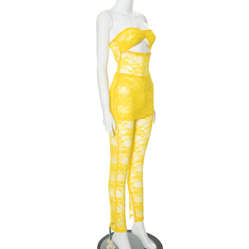 Women Summer Lace Hollow Off Shoulder Strapless Top and Pants Two-piece Set 5