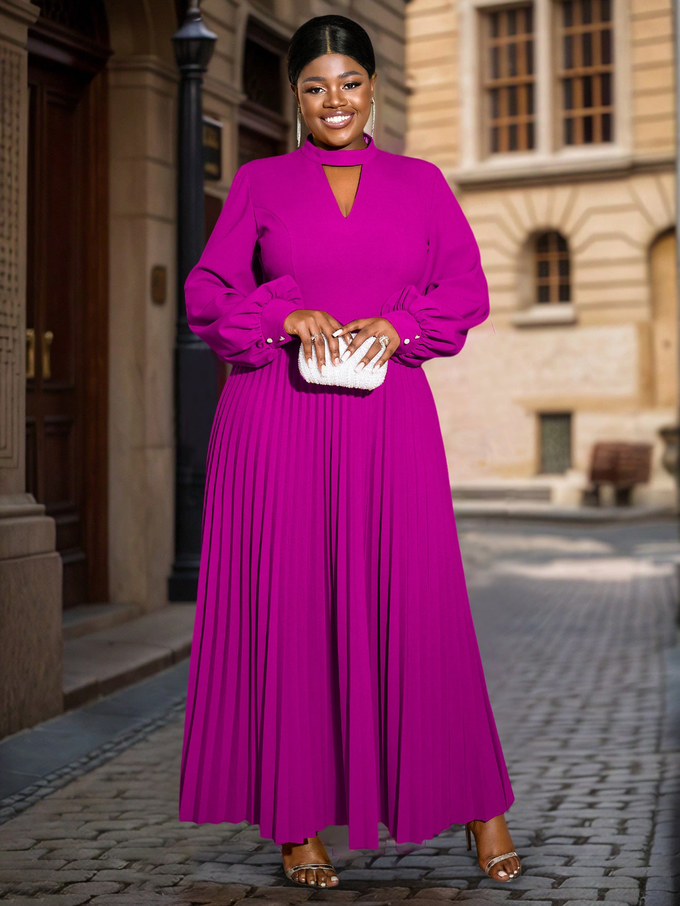 Women hollow Stand Collar lantern sleeve pleated Dress 3