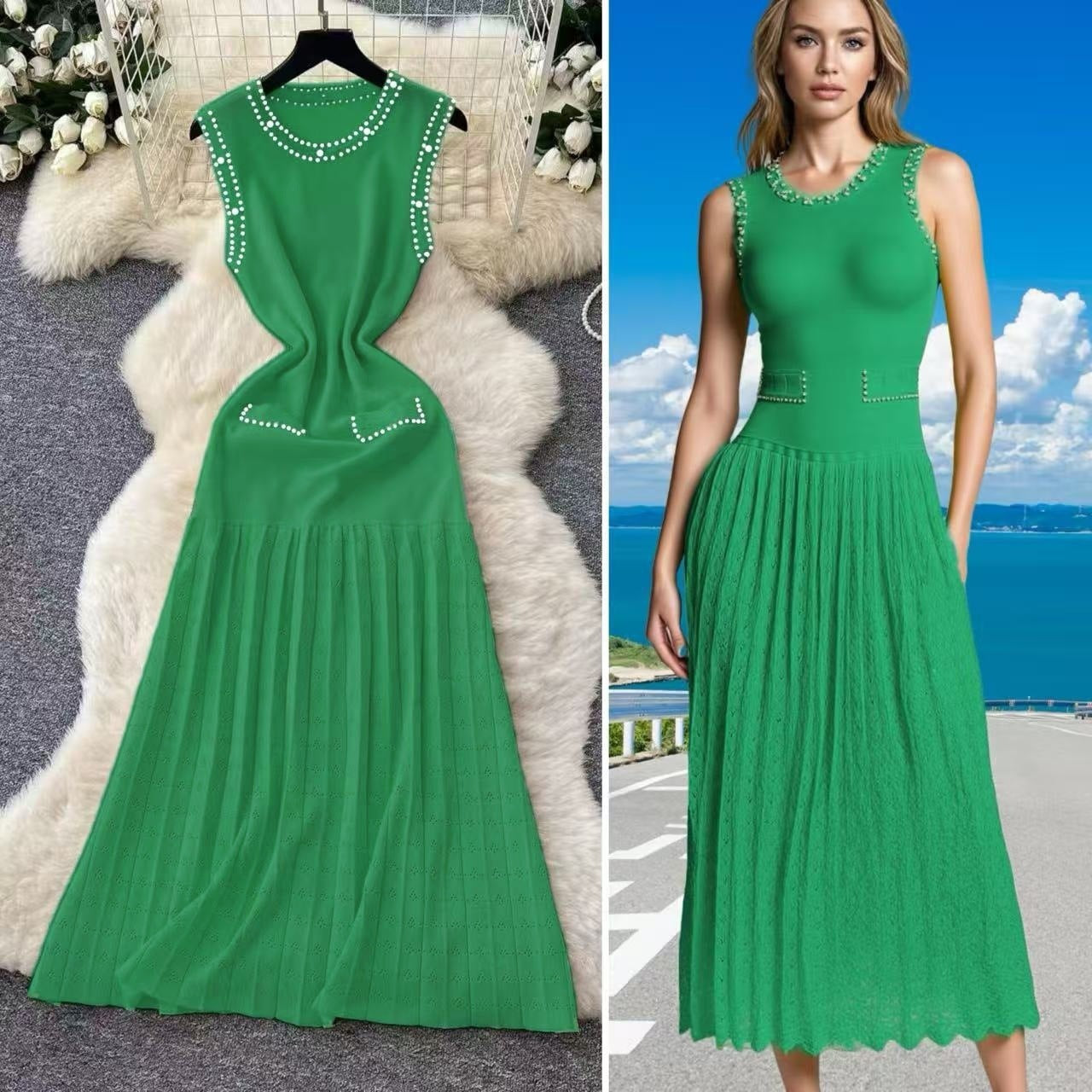 Women's Summer Beaded Sleeveless Knitting Long Dress 8