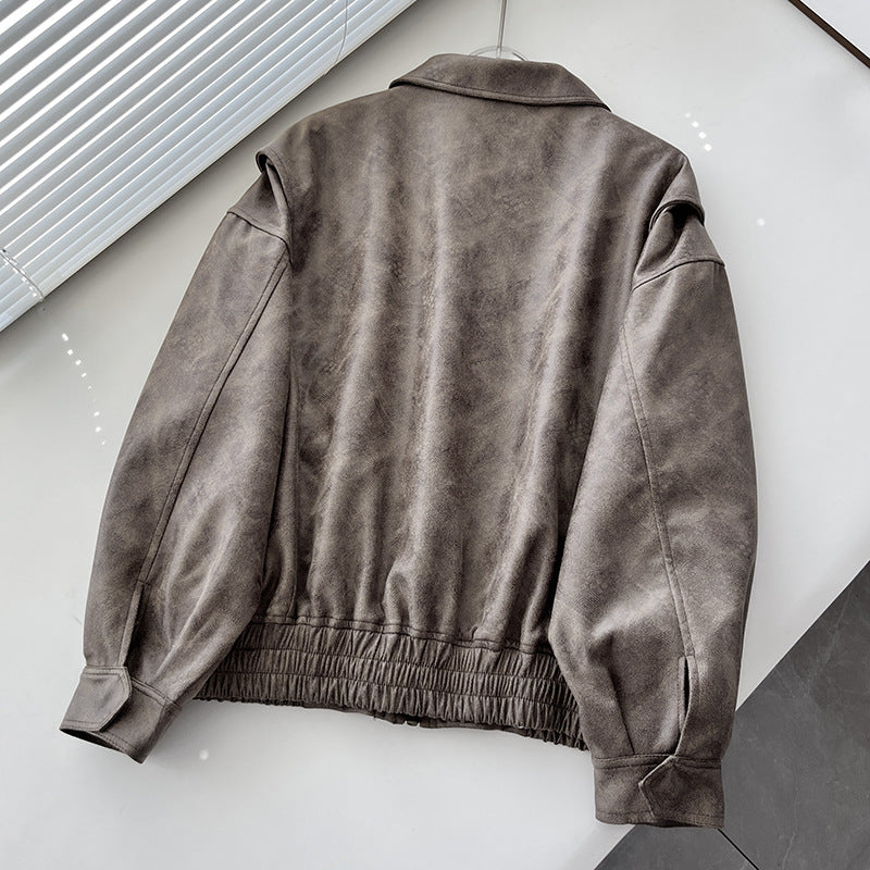 Women American Retro Loose PU-Leather Flight Jacket 17