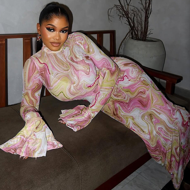 Women's Chic Print Stand Collar Long Sleeve Long Dress 4