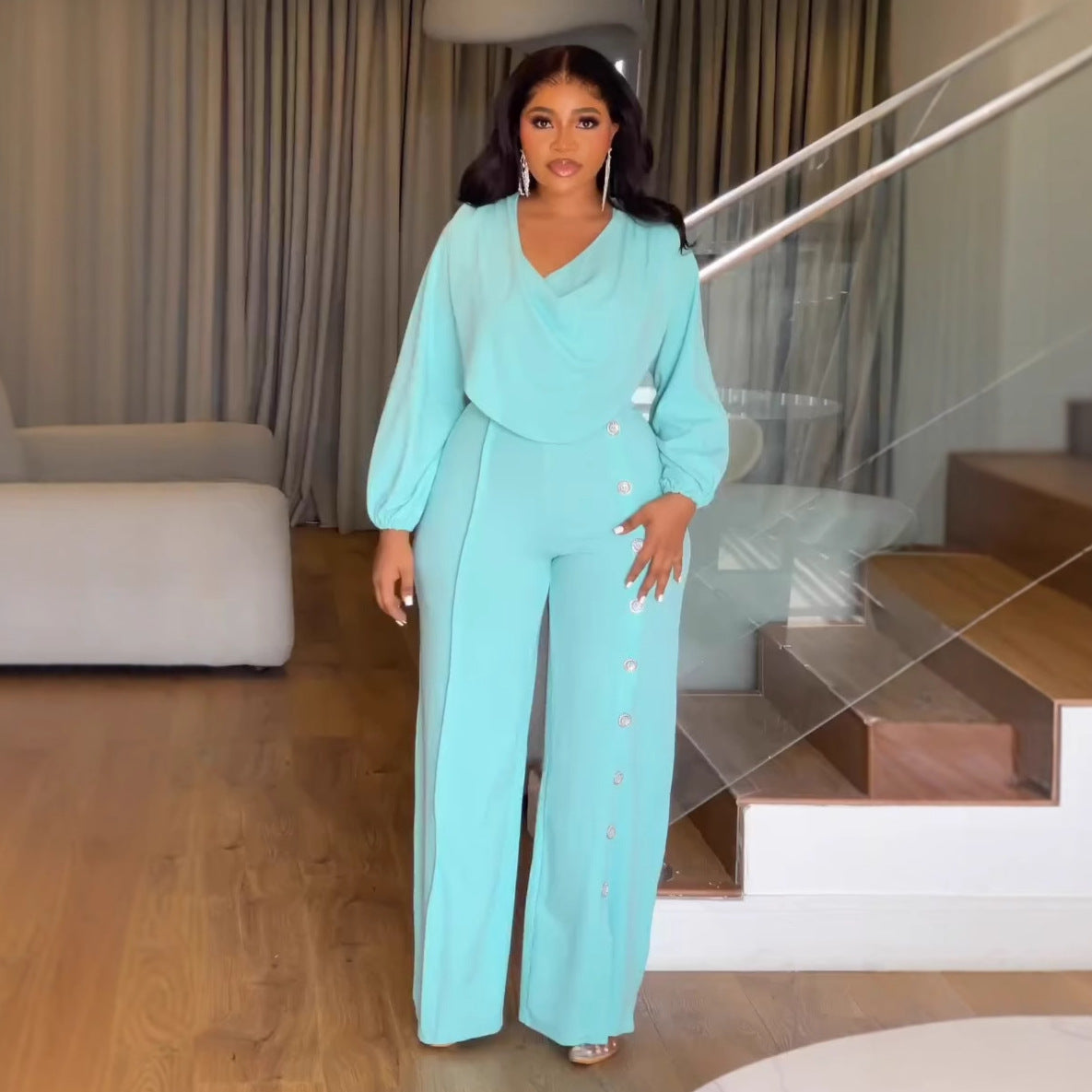 Sexy Lantern Sleeve Slim Waist Button Decoration Wide Leg Jumpsuit 3