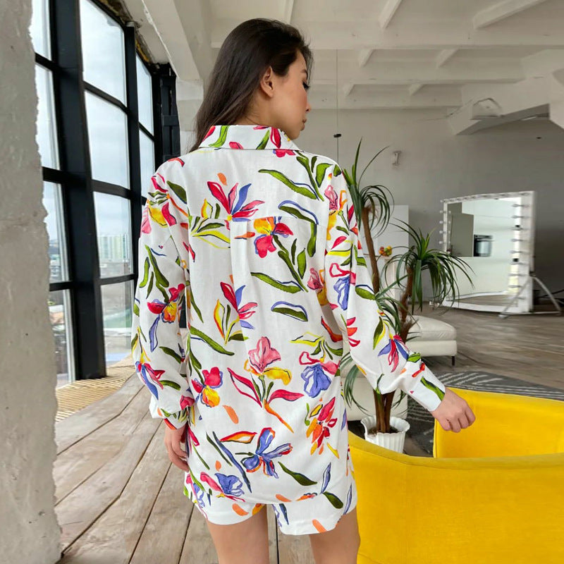Fall Women Print Long Sleeve Shirt Shorts Women Two-Piece Set 7
