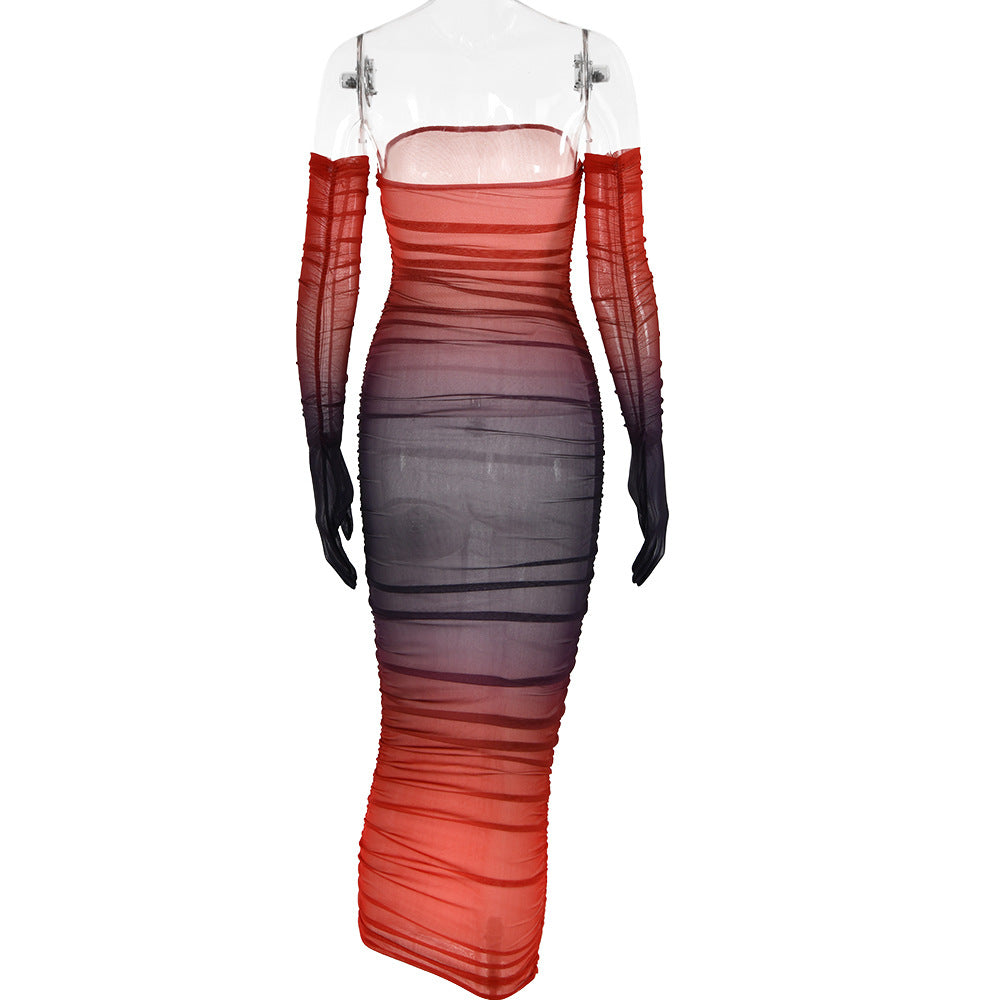 Women Mesh Gradient Off Shoulder Strapless Backless Dress 15