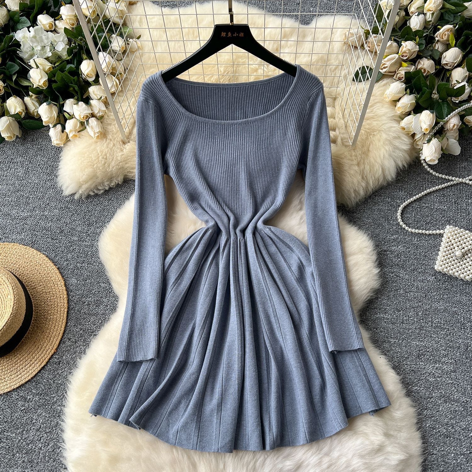 Square Neck Long Sleeve Knitting Dress Slim Waist Slim Fit Pleated Sweater Dress 8