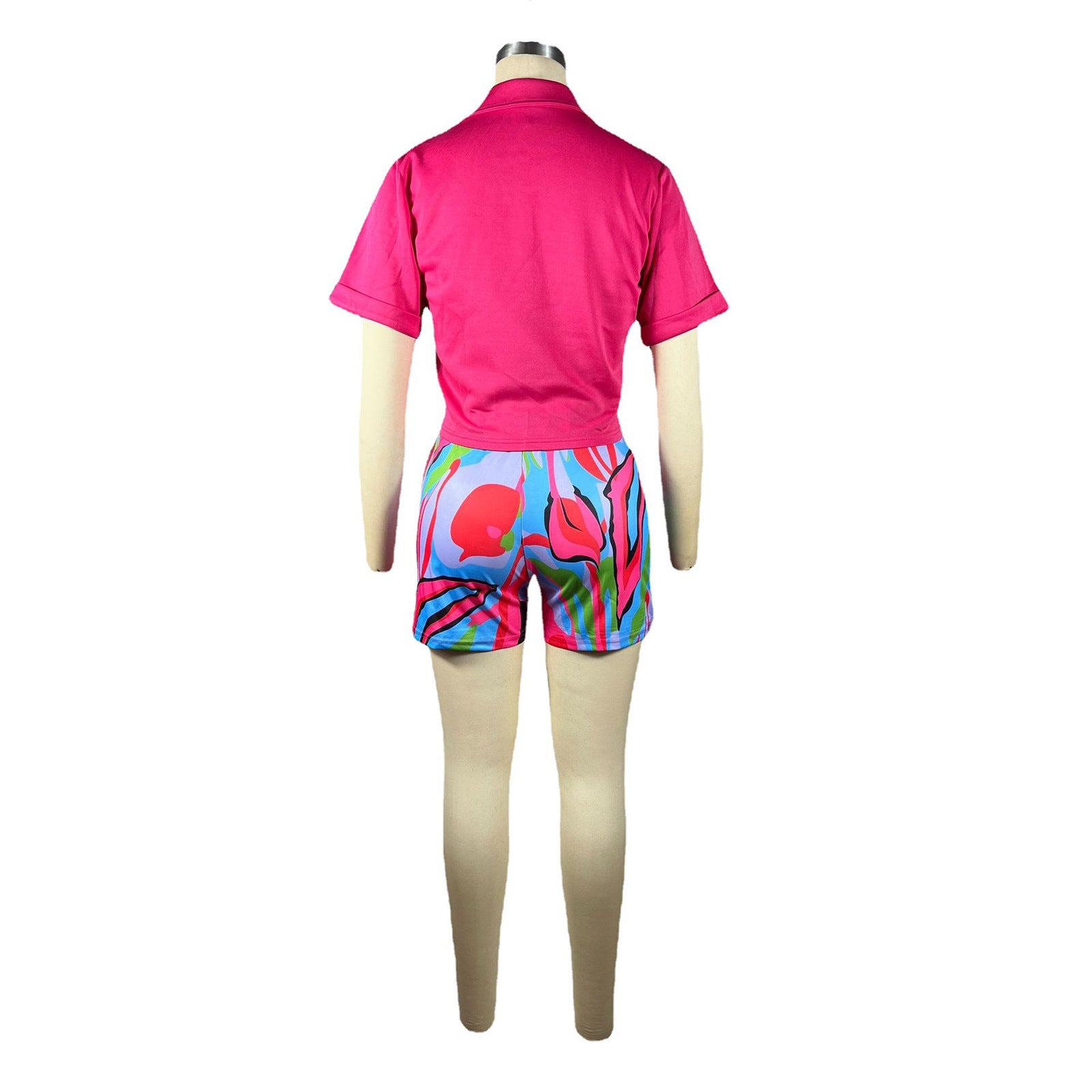 Women's Stiff Double Breasted Blazer Short Sleeve Top Print Short Set Two-Piece 11