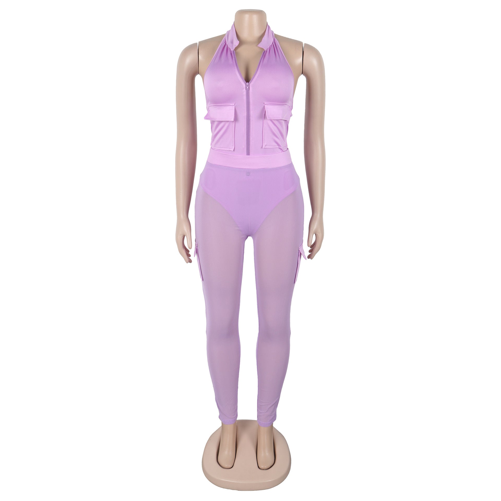 Summer Deep V-Neck Sleeveless Tight-Fitting Bodysuit Pocket Mesh Pants Set 23