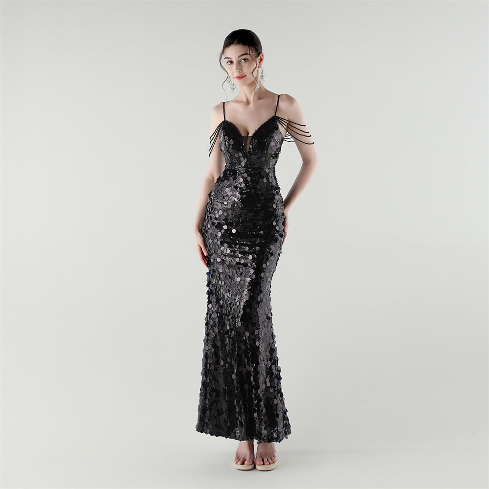Tassel Sequined Deep V-Neck Low Back Fishtail Evening Dress for Summer Dinners 13