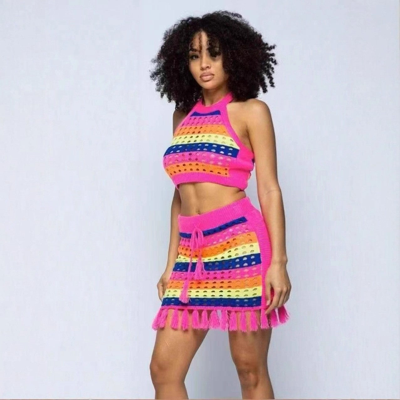 Women multi-color striped hollowed-out knitting halter neck top with tassel bodycon skirt, two-piece set. 4