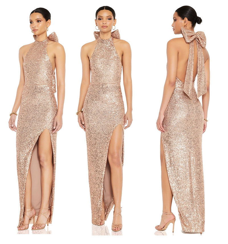 Women sequin split Halter Neck big bow Maxi Evening Dress 8