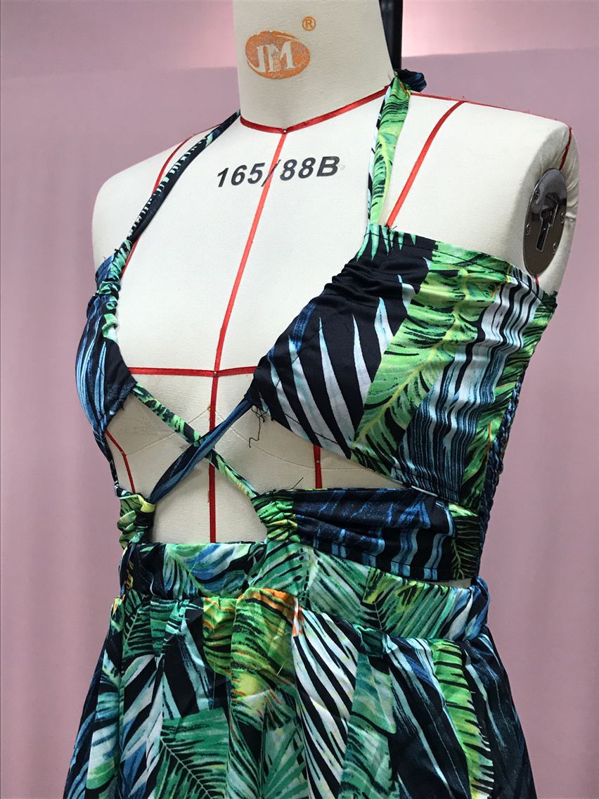 Women's Fashionable Sexy Halter Lace-Up Print Long Dress 13