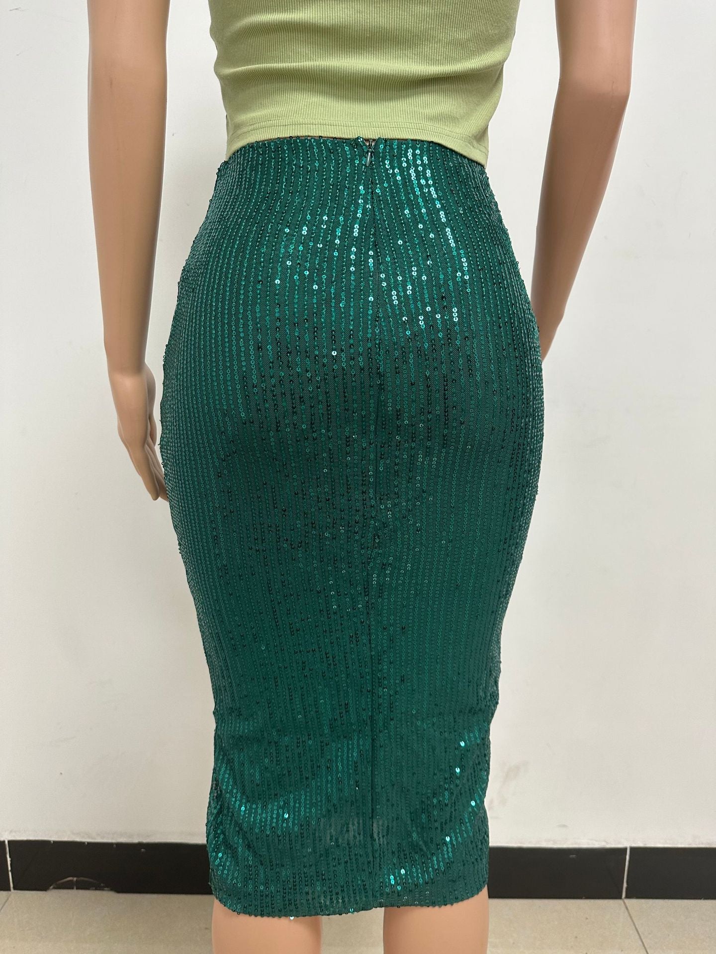 Women Slit Bodycon Sequined Skirt 36