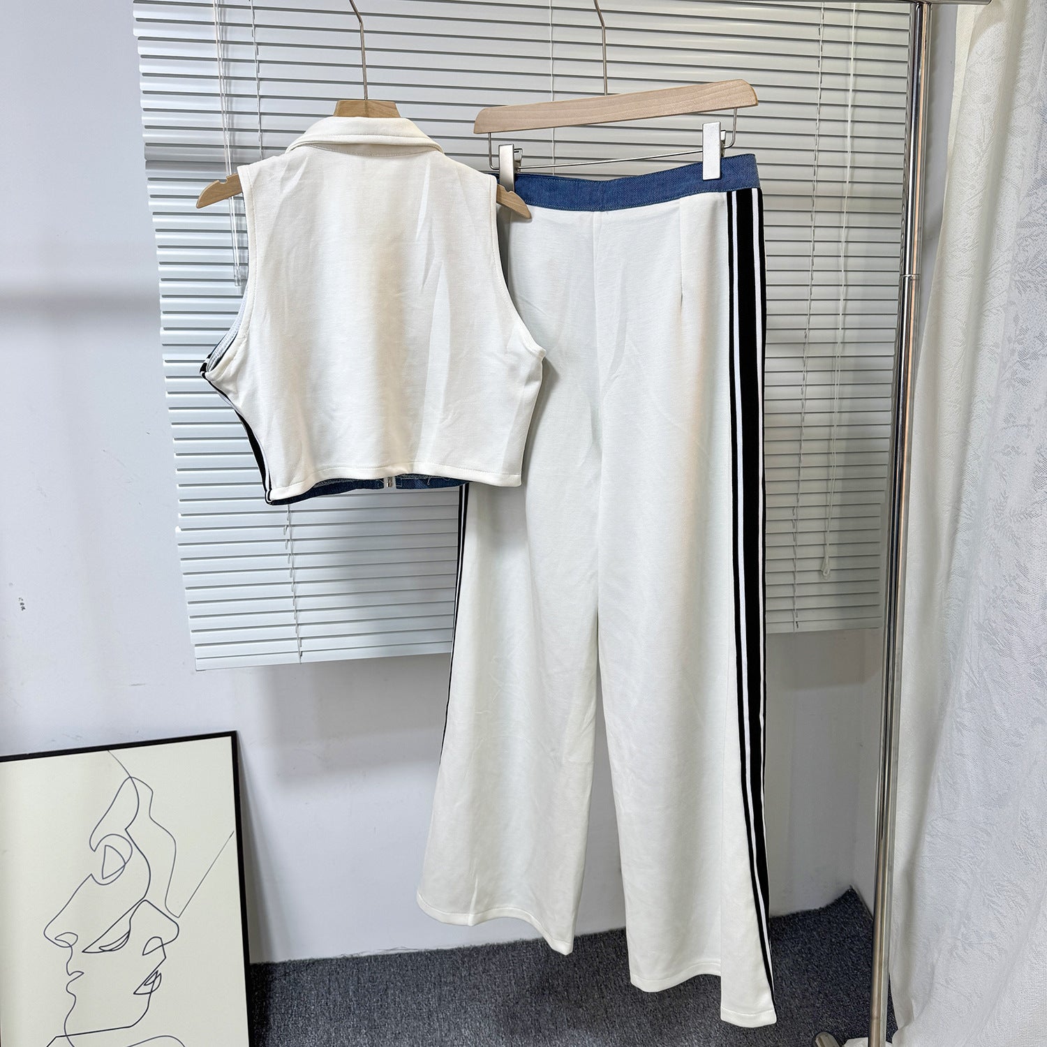 Summer Fashion Sleeveless Short Denim Patchwork Top Wide Leg Trousers Contrast Color Two piece Set for Women 4