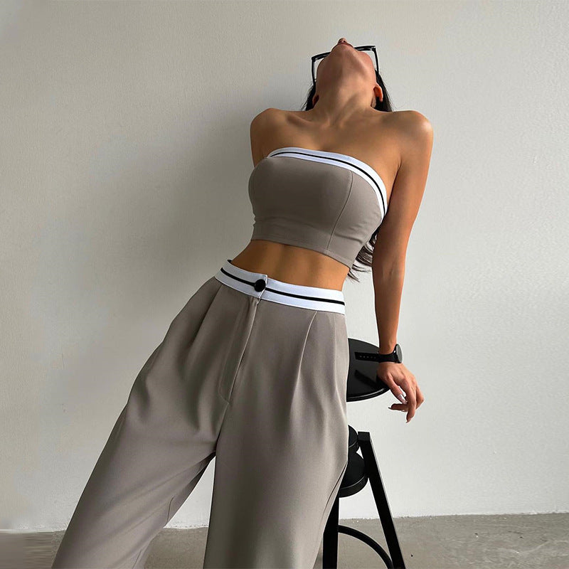 Women's Outdoor Wear Track Tank Strapless Contrasting High Waist Wide Leg Trousers Casual Set 10
