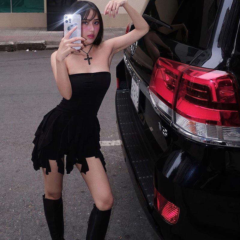 Ladies Spring Strapless Tight Fitting Lace Tassel Sexy Bodycon Dress 5