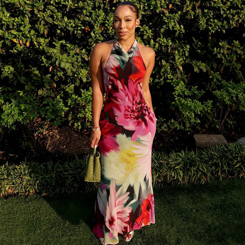 Women Sexy Halter Neck Backless Print Bodycon Dress 6