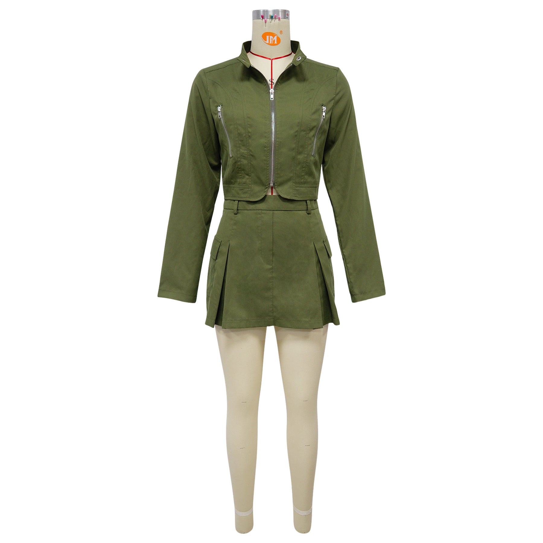 Women's Long Sleeve Zipper Top Sexy Short Skirt Two-Piece Set 14