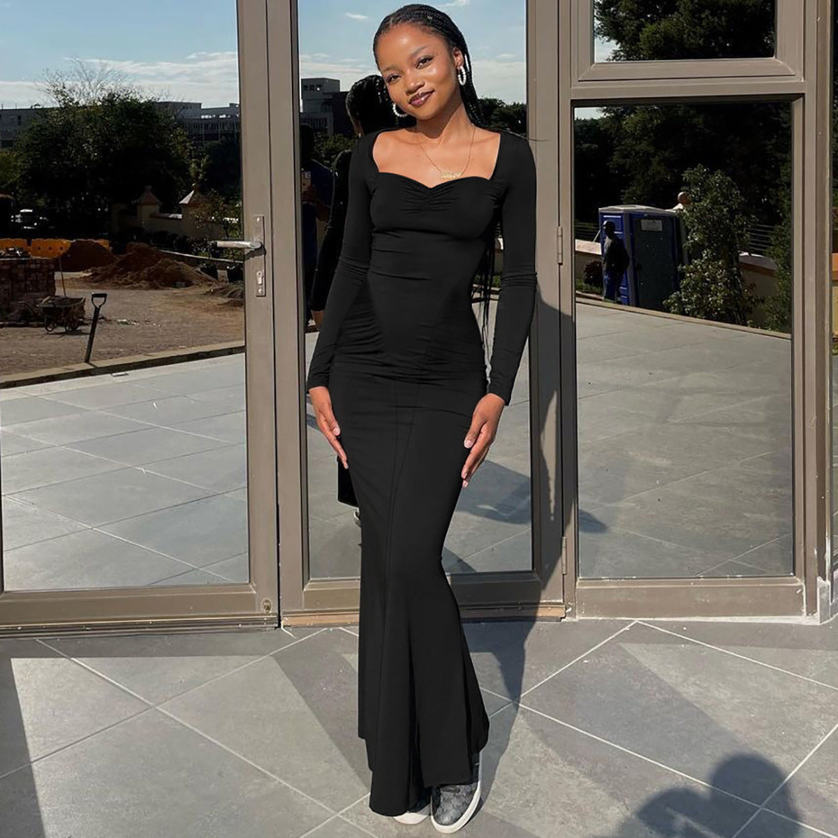 Women's Autumn Fashion Sexy Square Neck Long Sleeve Slim Long Dress 6