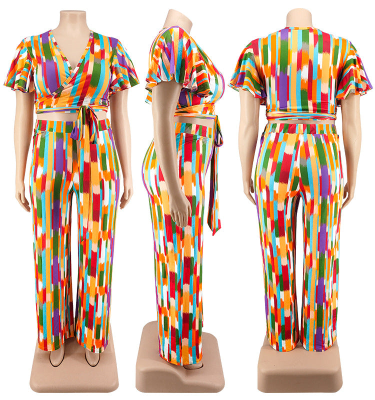 Plus Size Women's Spring Short Sleeve Top and Pants Set 9