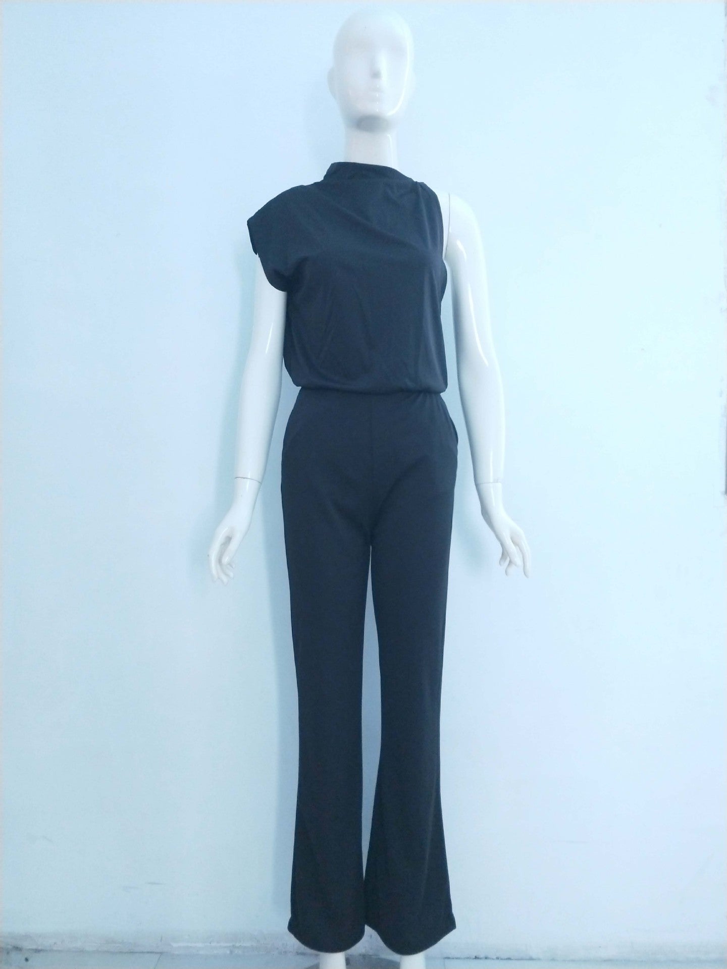 Women Pants Solid One Shoulder Stacked Collar Jumpsuit 28