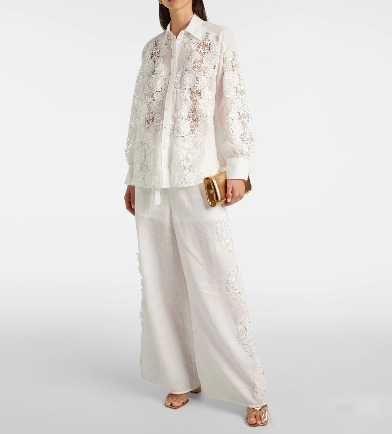 Women French Lace Patchwork Long Sleeve Shirt Wide Leg Pants Two Piece 4