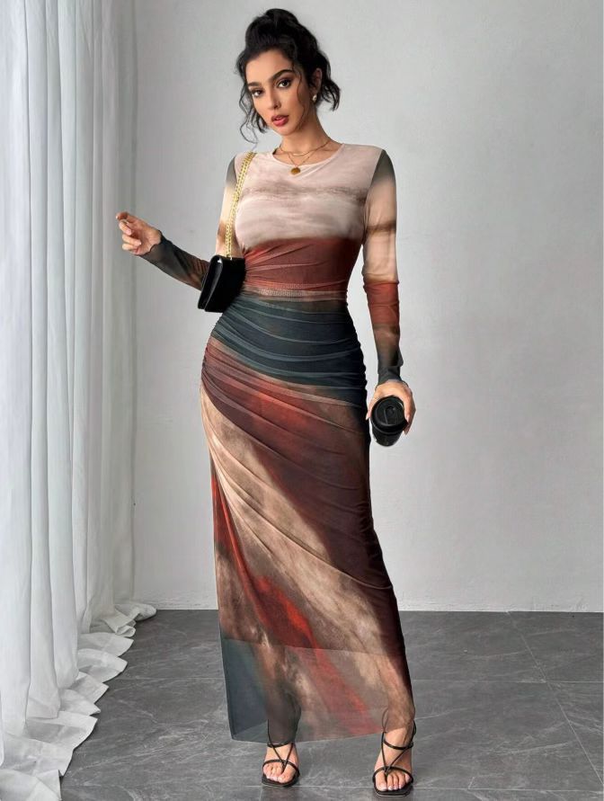 Fashion Mesh Print Ruching Sexy Tight Fitting Round Neck Dress 13