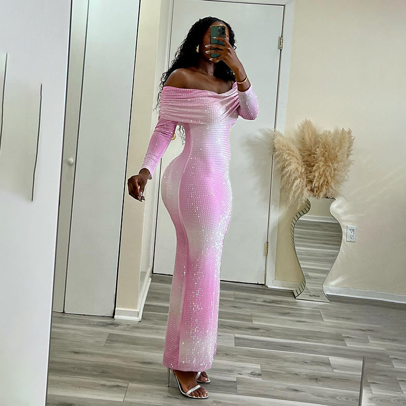 Women Elegant Shiny Gradient Off Shoulder Bodycon Dress 3