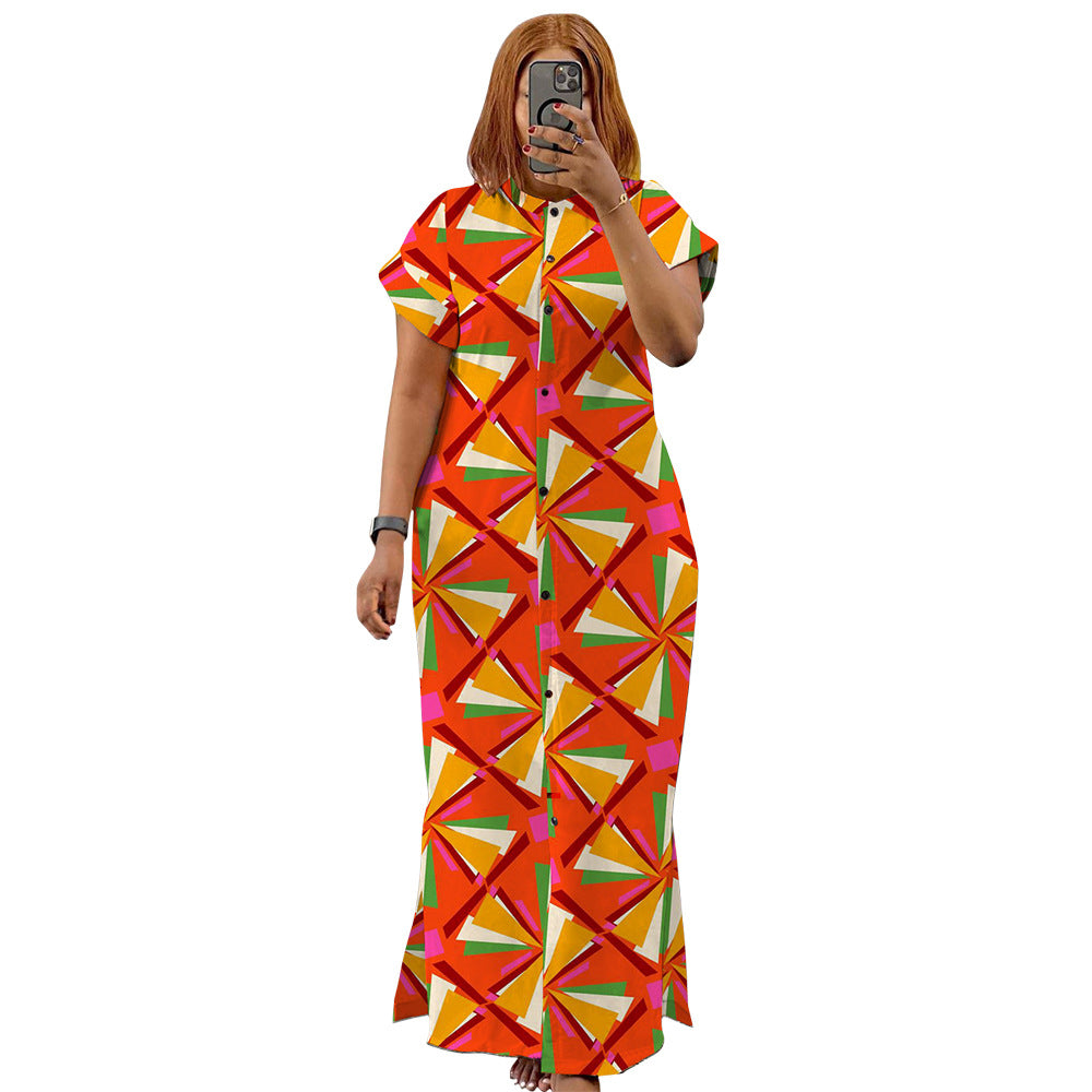 Summer Fashion Printed Short Sleeve Slit Shirt Maxi Dress Plus Size Dress 10