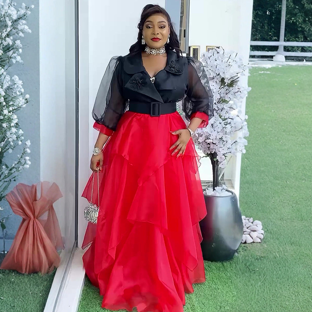 African Plus Size Women's Elegant Color Block Long Dress 3