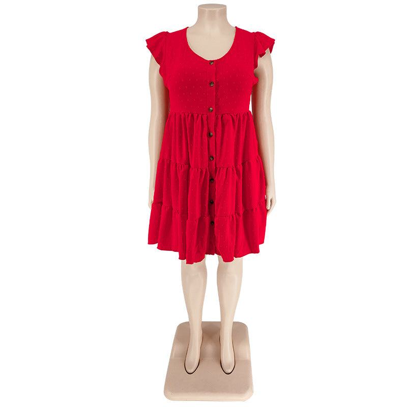 Plus Size Women's Solid Color Ruffled Short Sleeve Button Up Casual A-line Dress 15
