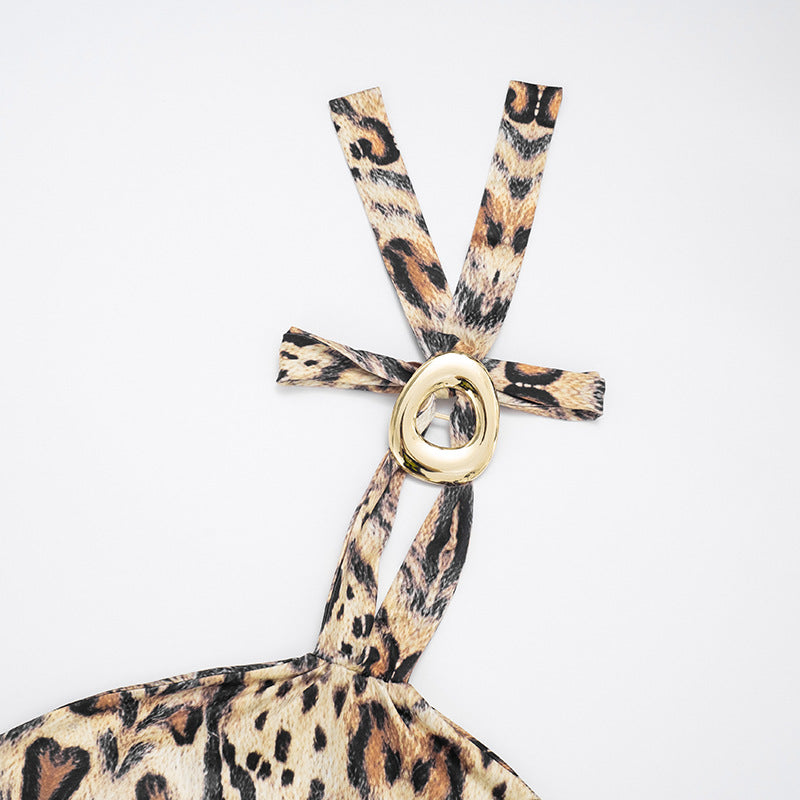 Women's Sexy Print Halter Neck Lace-Up Strapless Top with Slit Skirt Two-Piece Set 13