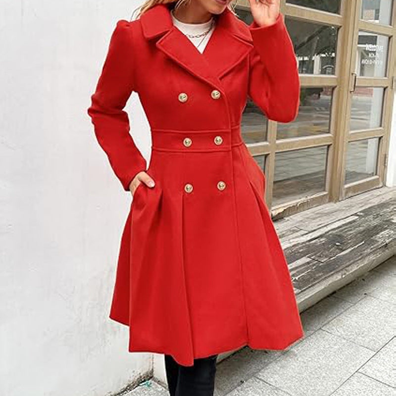 Women Fall and Winter Turndown Collar Double-Breasted Pocket Windbreaker 54